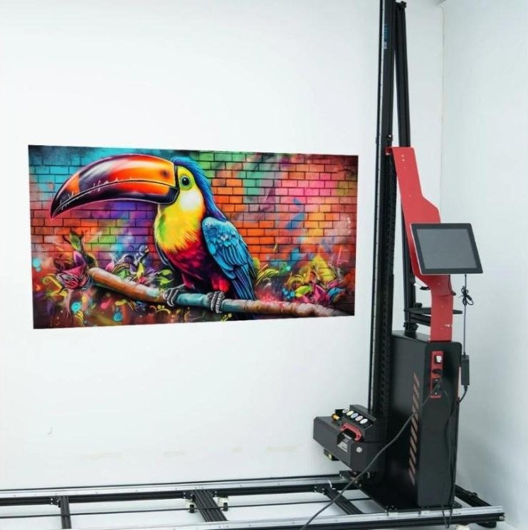 Toucan artwork printed on a wall beside the UV wall printer
