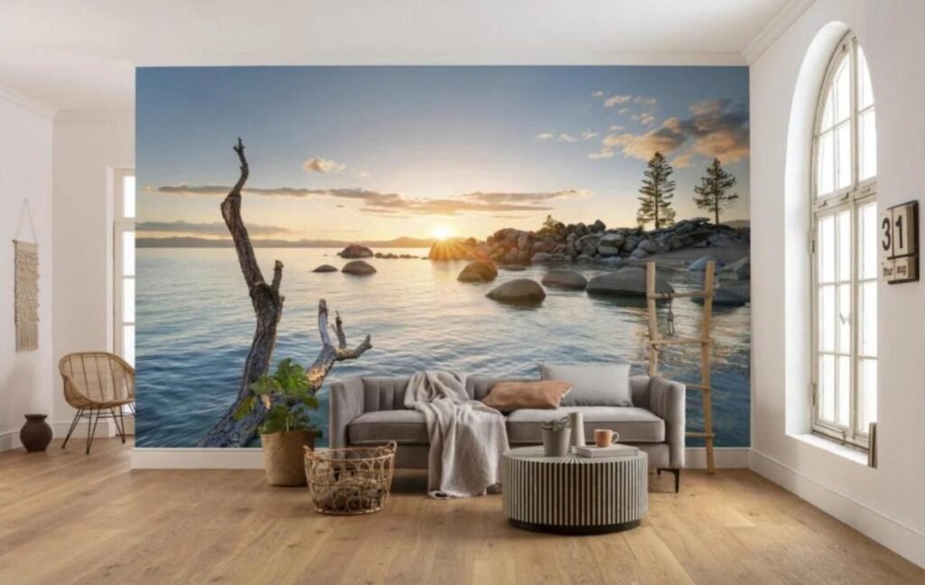 Sunset lake mural printed across a feature wall