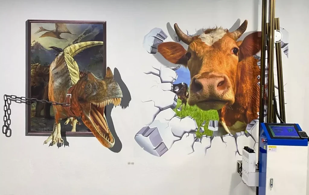 3D dinosaur and cow mural printed on a wall